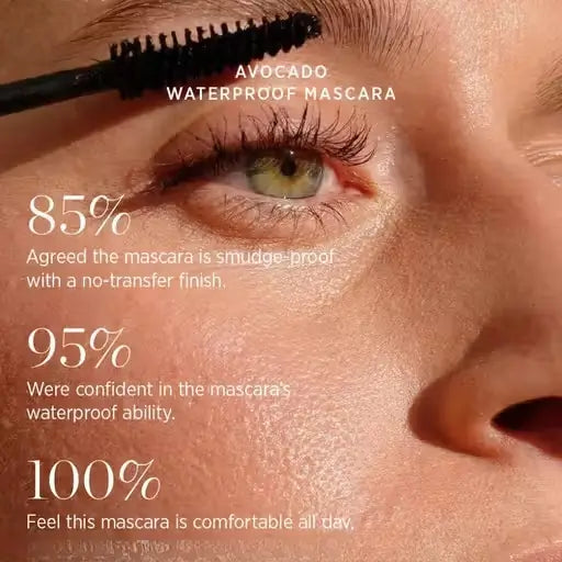 Ekom 2X Volume Mascara with curling, smudgeproof, long-lasting formula, showcasing thick, curled lashes in a close-up shot.