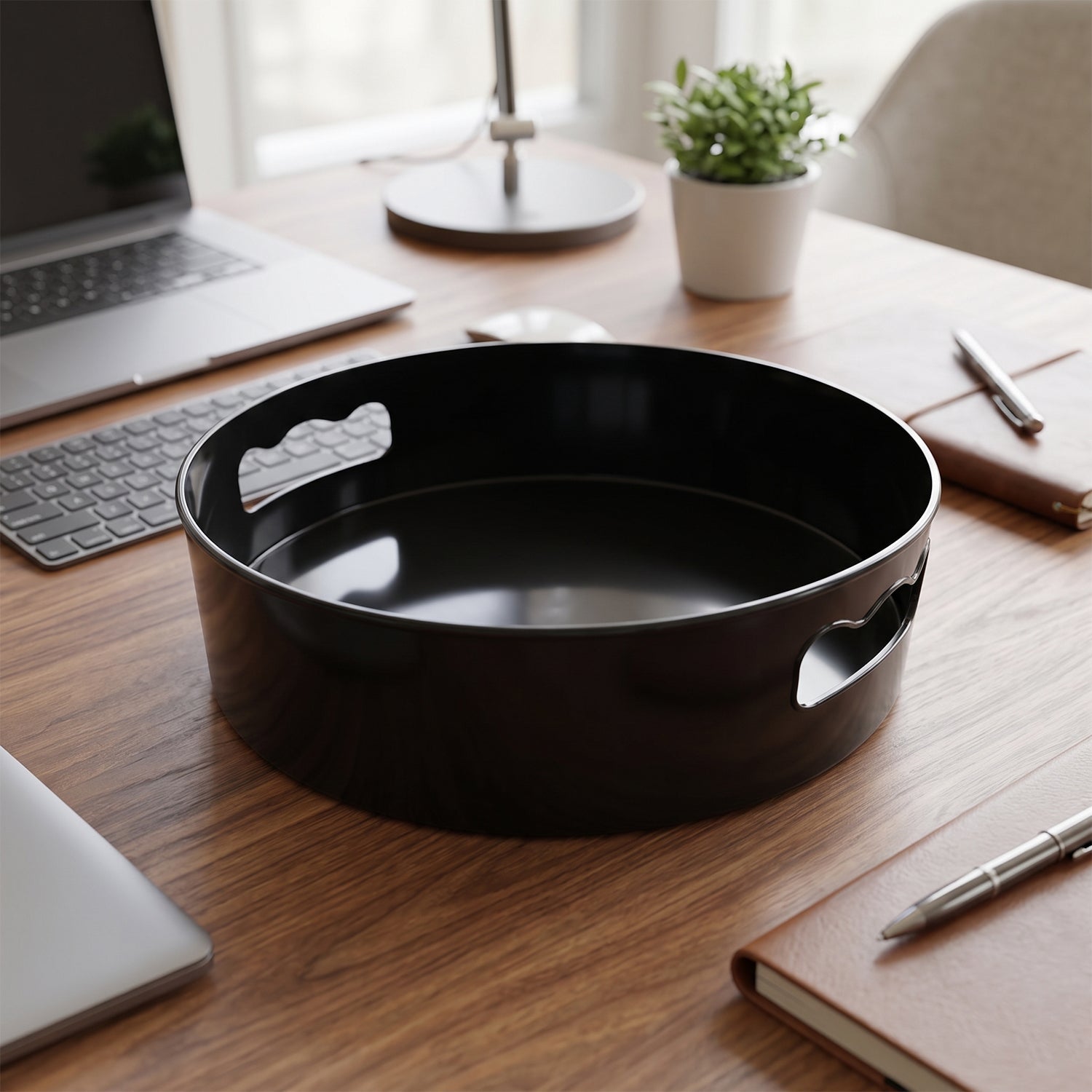 Wukusy rotating round storage tray organizer with compartments, suitable for kitchen, bathroom, or desk organization.