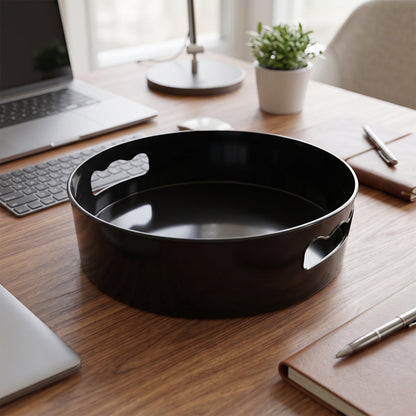 Wukusy rotating round storage tray organizer with compartments, suitable for kitchen, bathroom, or desk organization.