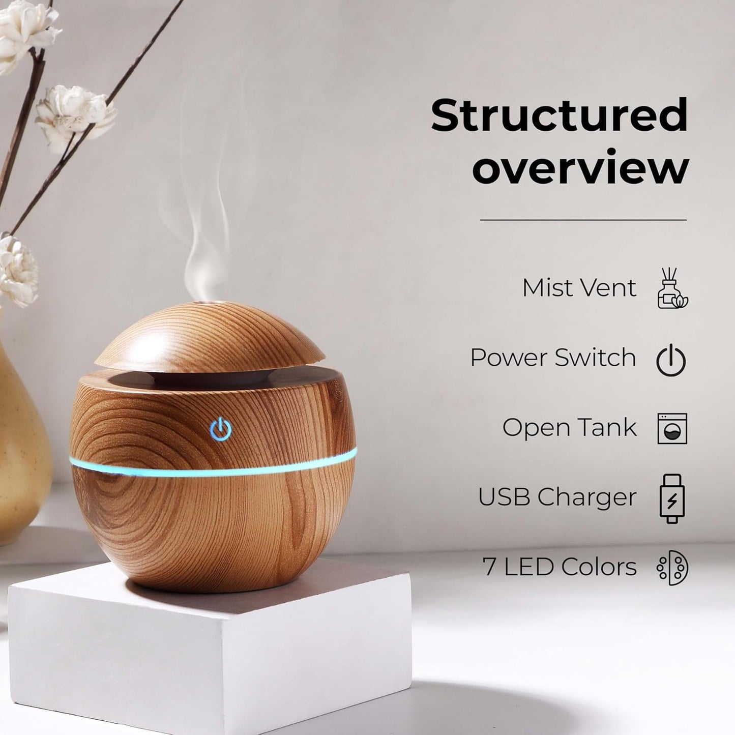 Wukusy ultrasonic aroma diffuser humidifier with 200ml capacity and LED light, suitable for home or office use.