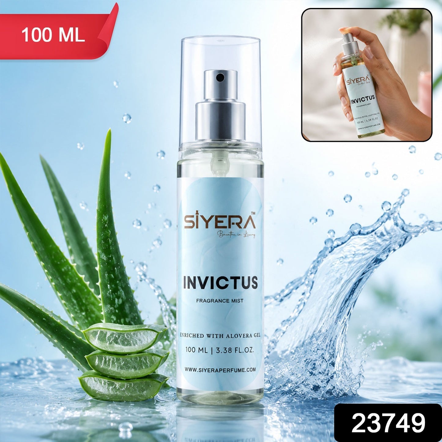 Wukusy Siyera Invictus fragrance mist body spray with aloe vera gel, 100ml, featuring a sleek bottle and refreshing scent.