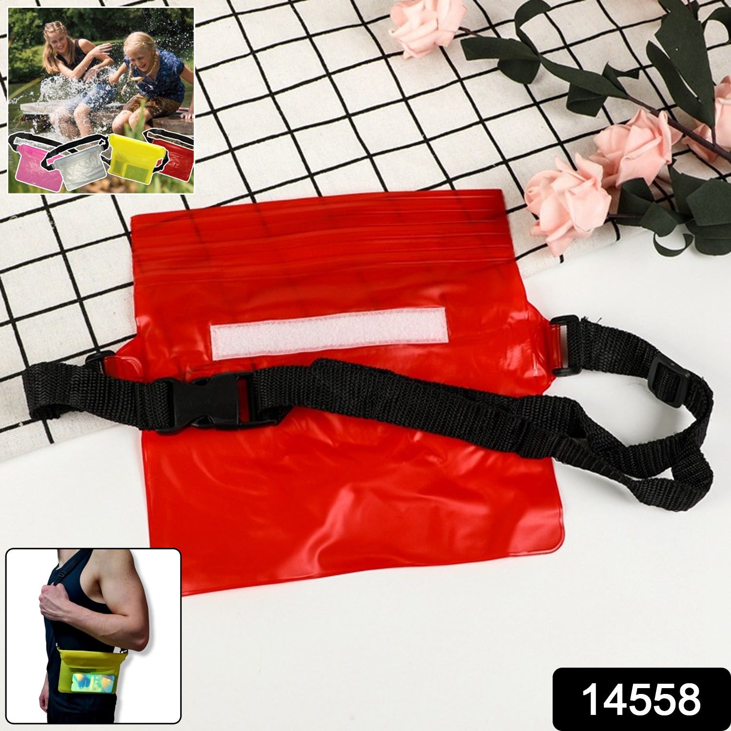 Wukusy waterproof waist pouch bag with adjustable strap, ideal for travel, shown in black with zip closure and compact design.