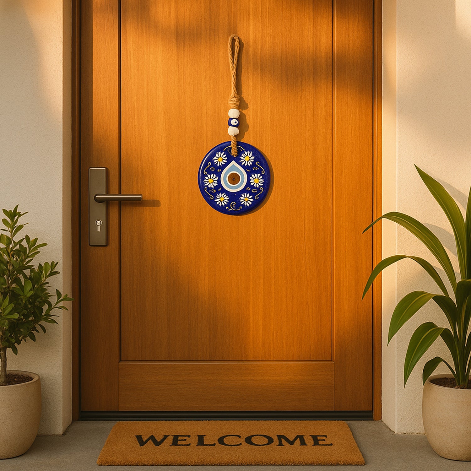 Decorative evil eye wall hanging with beads and wind chime from Wukusy, featuring a Nazar protector charm for home decor.