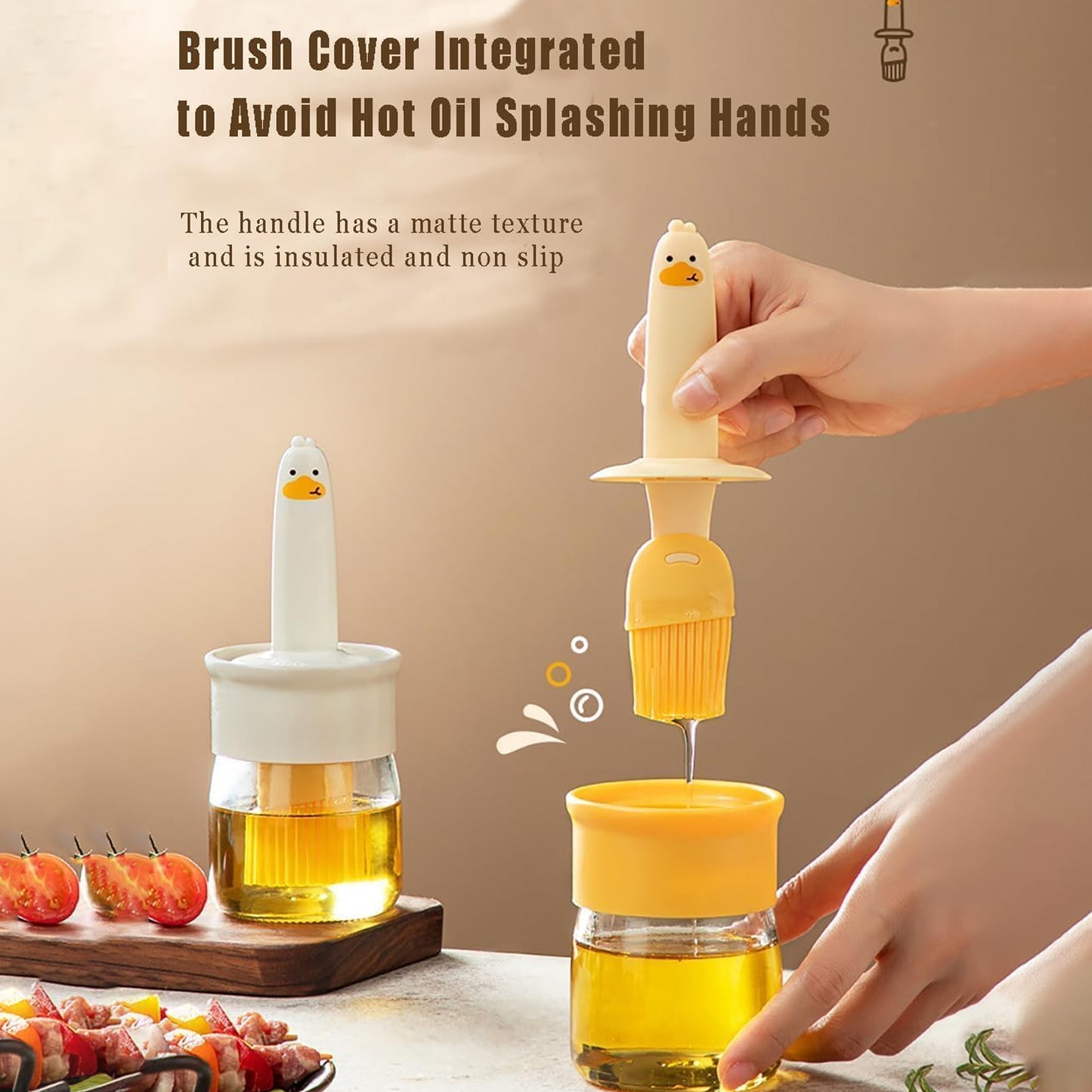 Wukusy 2-in-1 oil dispenser bottle with silicone basting brush set for kitchen use, featuring clear container and flexible brush.