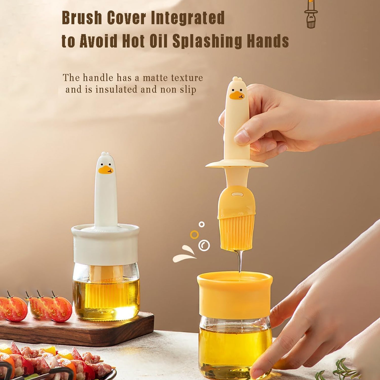 Wukusy 2-in-1 oil dispenser bottle with silicone basting brush set for kitchen use, featuring clear container and flexible brush.