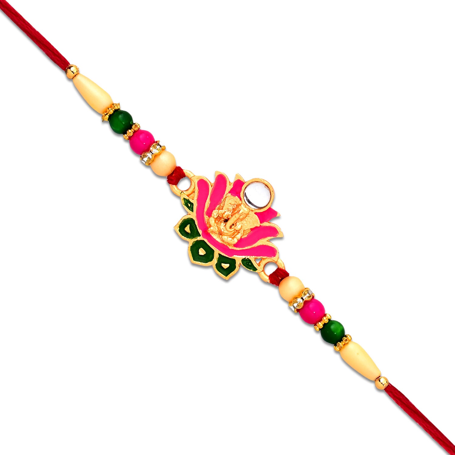 Ganesh lotus leaf designer motif rakhi by Wukusy featuring intricate Ganesh and lotus leaf design on a decorative fashion bracelet
