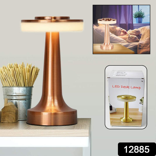 Wukusy LED touch control desk lamp with metal finish, USB rechargeable, three color options, dimmable brightness, for home decor.