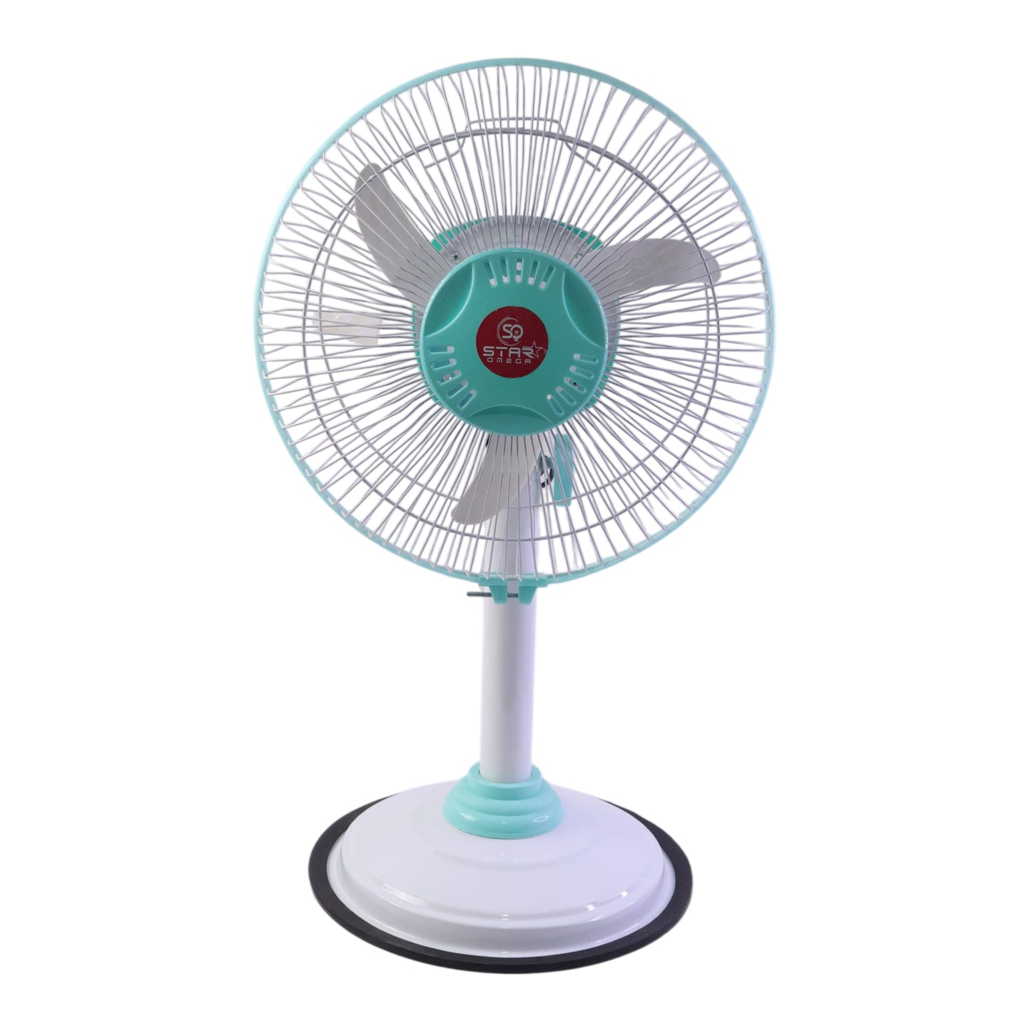 Wukusy 12V DC hybrid pedestal table fan with adjustable height, plug-and-play design, and IEC C13 power cable on a white background.