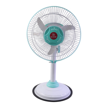 Wukusy 12V DC hybrid pedestal table fan with adjustable height, plug-and-play design, and IEC C13 power cable on a white background.