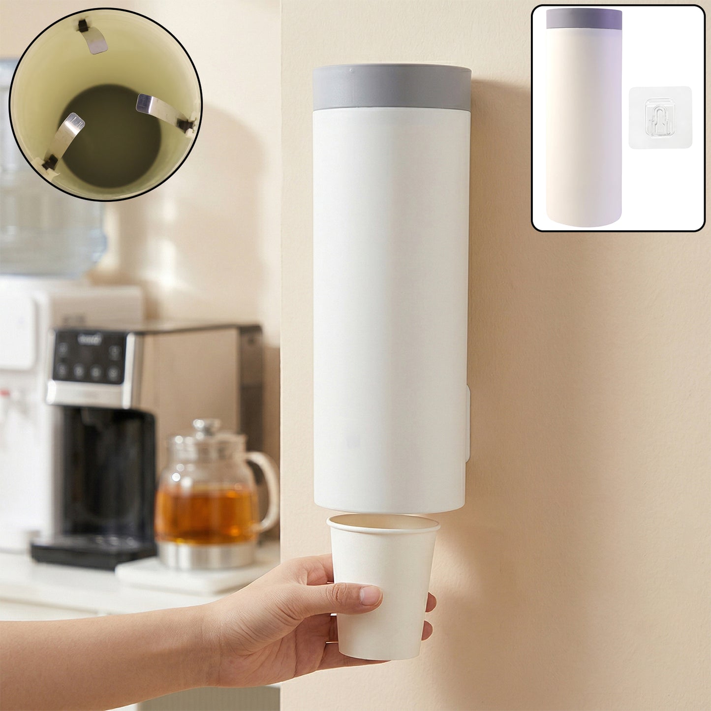 Wall-mounted disposable paper cup holder storage dispenser box by Wukusy, showing the sleek metal design and multiple cup slots.