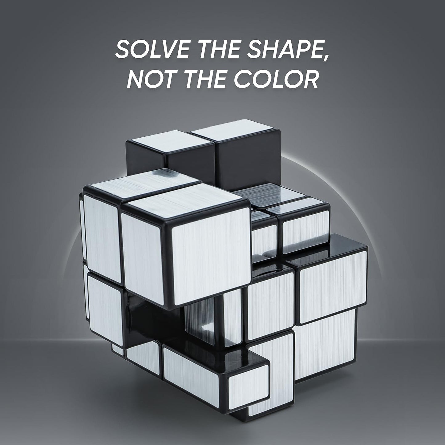 Wukusy Mirror Cube 3x3 puzzle with reflective silver surfaces, showcasing its shiny, metallic finish and unique geometric design.