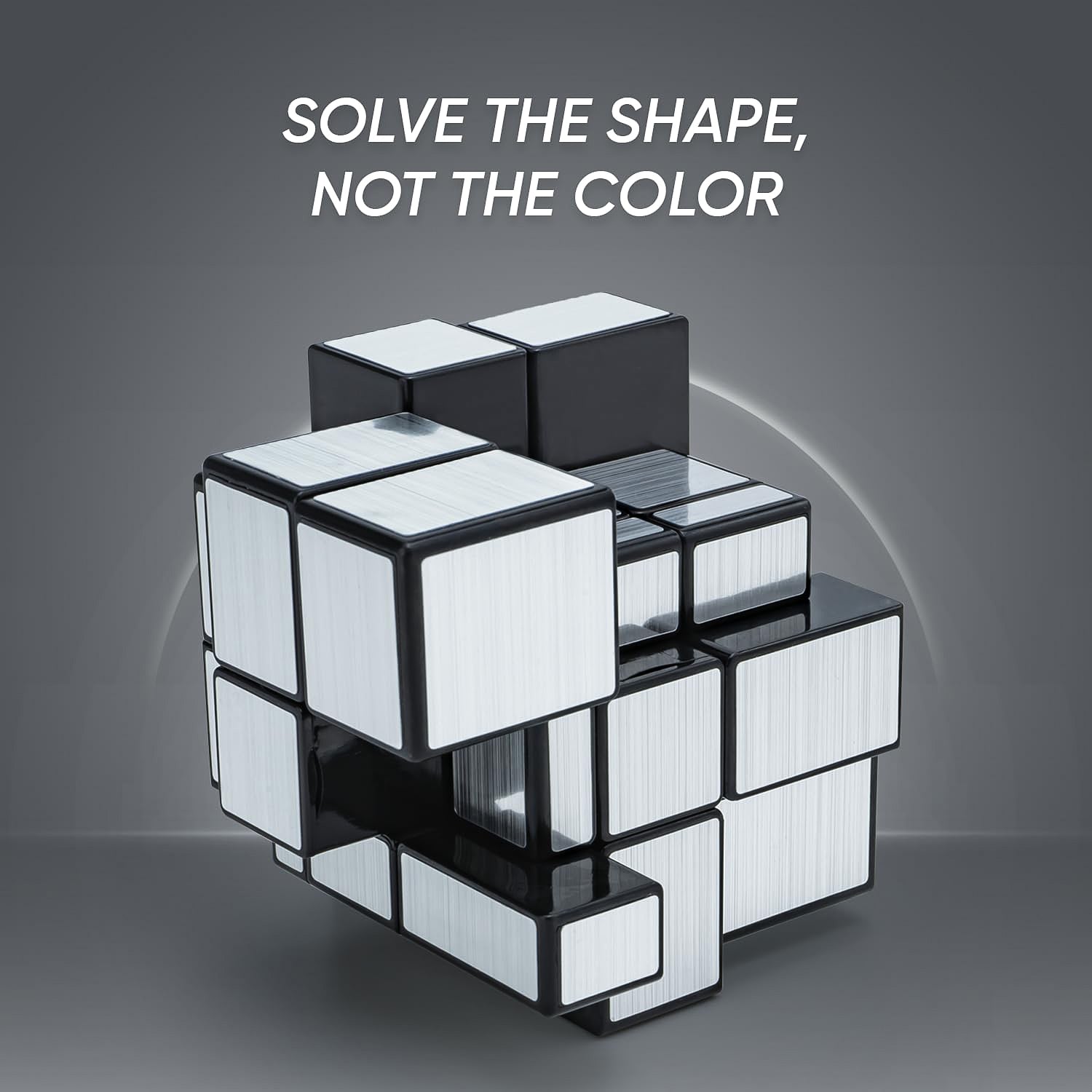 Wukusy Mirror Cube 3x3 puzzle with reflective silver surfaces, showcasing its shiny, metallic finish and unique geometric design.