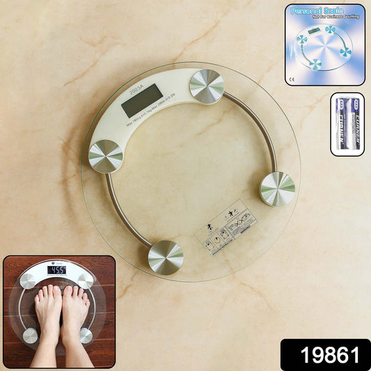 Digital personal body weight scale by Wukusy with glass surface and digital display for accurate weight measurement.