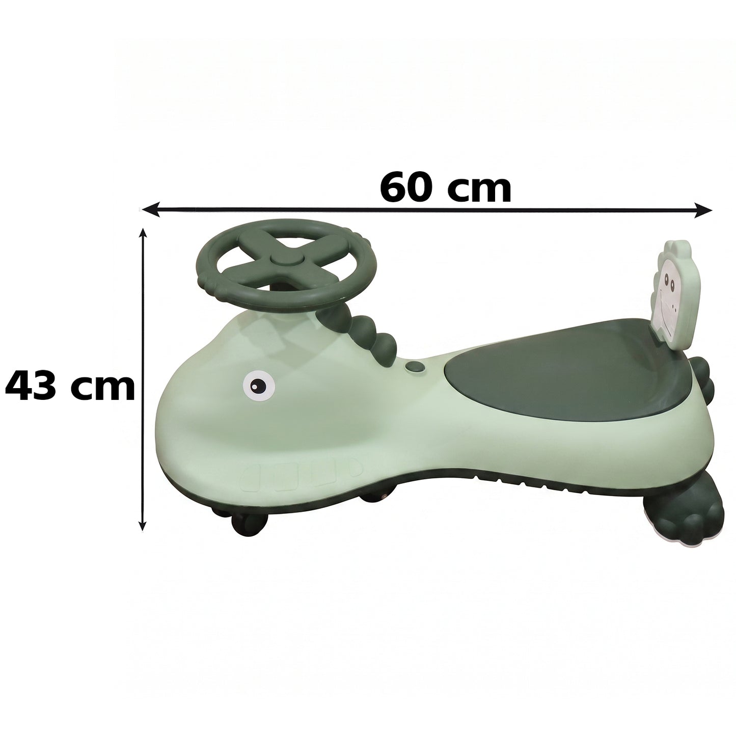 Kids dinosaur swing car ride-on toy from Wukusy with music and steering wheel, featuring colorful dinosaur design for active play.