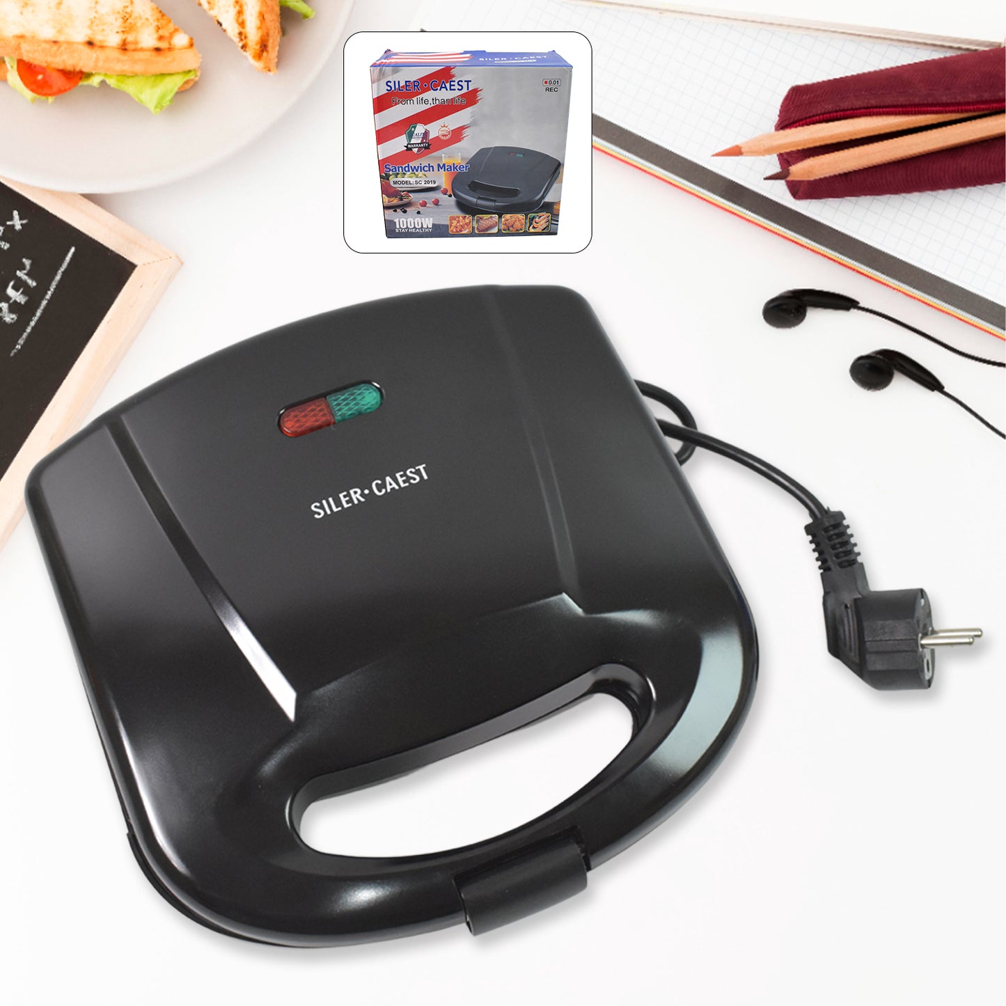 Wukusy 2819 sandwich maker with non-stick plates, indicator lights, compact design, ideal for quick homemade sandwiches.