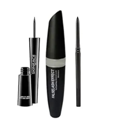 Set of 5 waterproof eye makeup products including eyeliner, mascara, eyebrow pencil, and kajal by ekom, with natural eye looks.