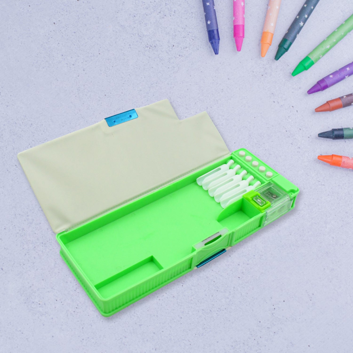 Wukusy 4251 multipurpose cartoon pencil box with two compartments for kids, ideal for school supplies and organization.