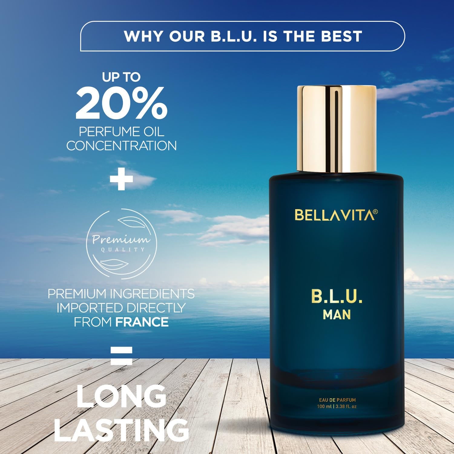 Bellavita Premium B.l.u. Man Eau de Perfume by Wukusy, 100ml bottle, showcasing sleek glass packaging and fragrance cap.