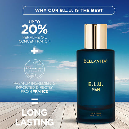 Bellavita Premium B.l.u. Man Eau de Perfume by Wukusy, 100ml bottle, showcasing sleek glass packaging and fragrance cap.