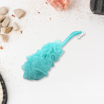 Wukusy 6702a loofah back scrubber with long handle, soft nylon mesh bath sponge for shower and body cleaning.