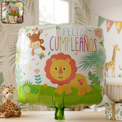 Jungle theme lion birthday foil balloon by Wukusy, featuring a colorful lion design for kids' birthday celebrations.