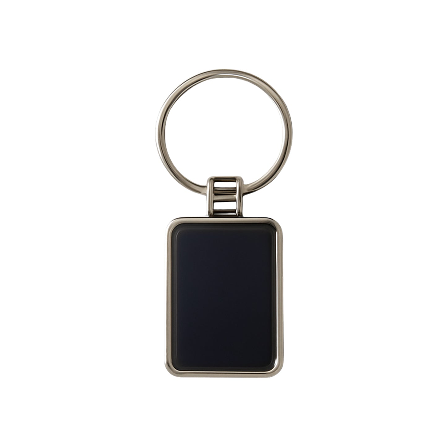 Black and silver metal rectangular keychain with Wukusy branding, featuring a sleek design and durable metal construction.
