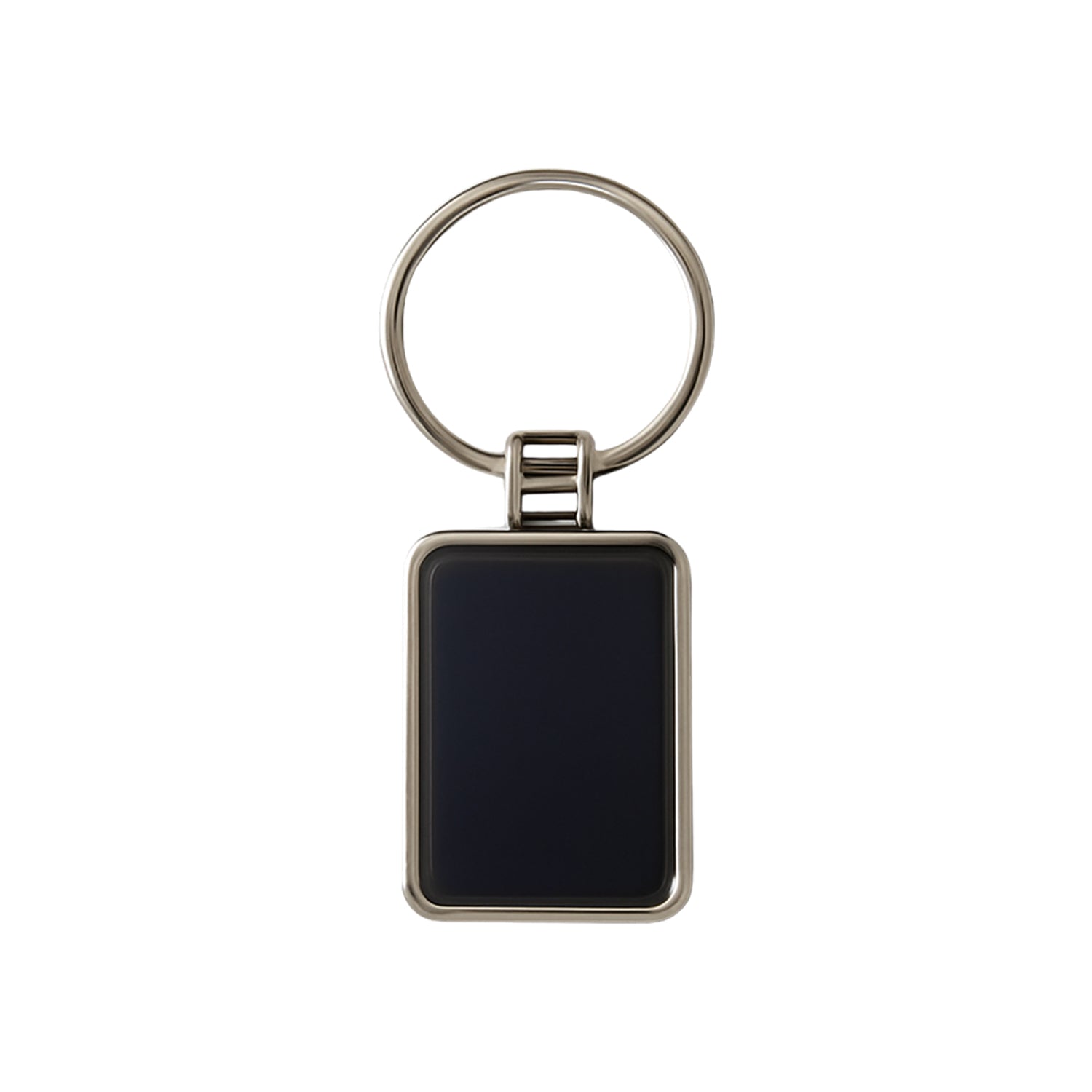 Black and silver metal rectangular keychain with Wukusy branding, featuring a sleek design and durable metal construction.