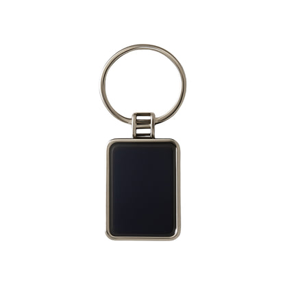 Black and silver metal rectangular keychain with Wukusy branding, featuring a sleek design and durable metal construction.