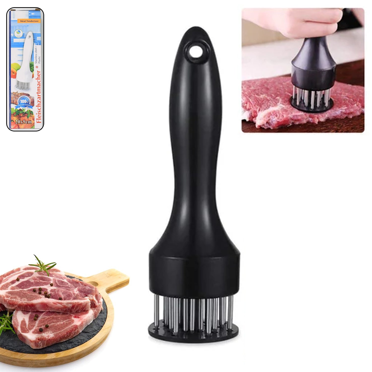 Stainless steel meat tenderizer tool with needle design by Wukusy, used for softening meats in home and kitchen cooking.