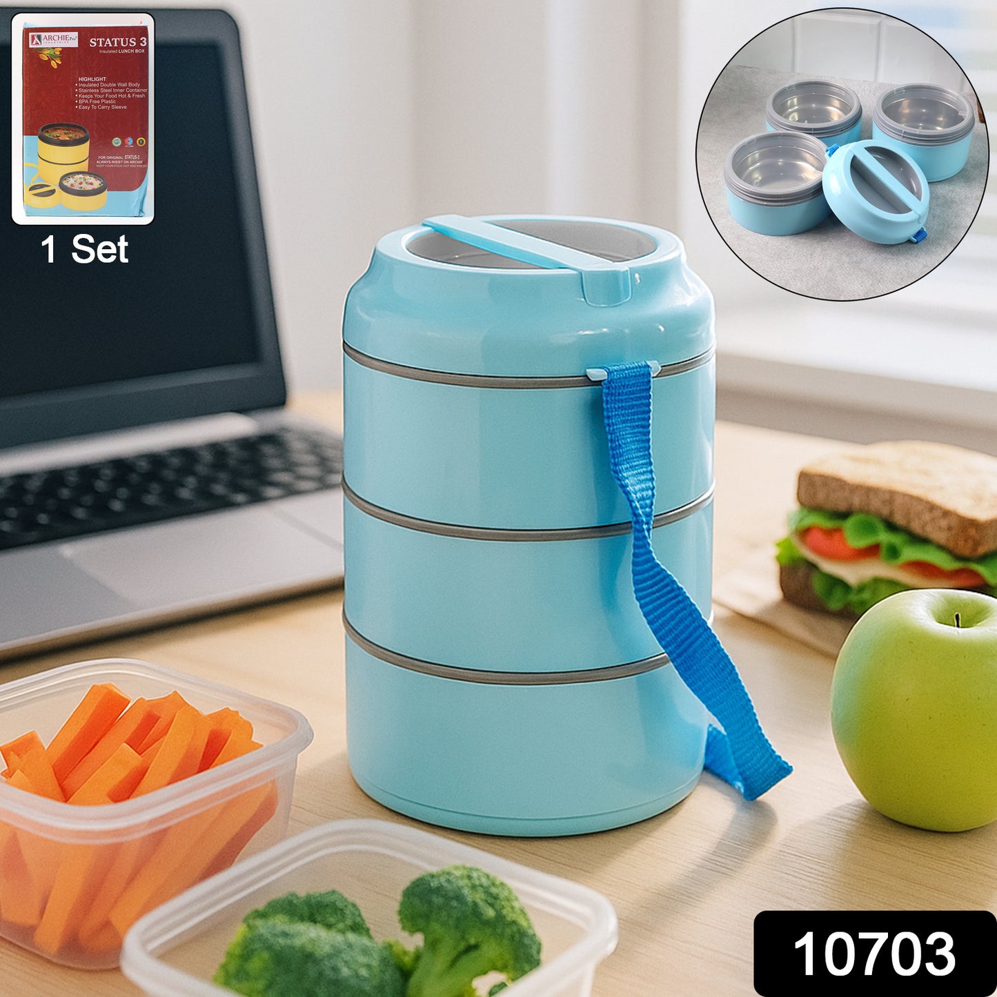Wukusy 3-layer insulated lunch box set with handle strap, featuring multiple compartments for food storage and portability.