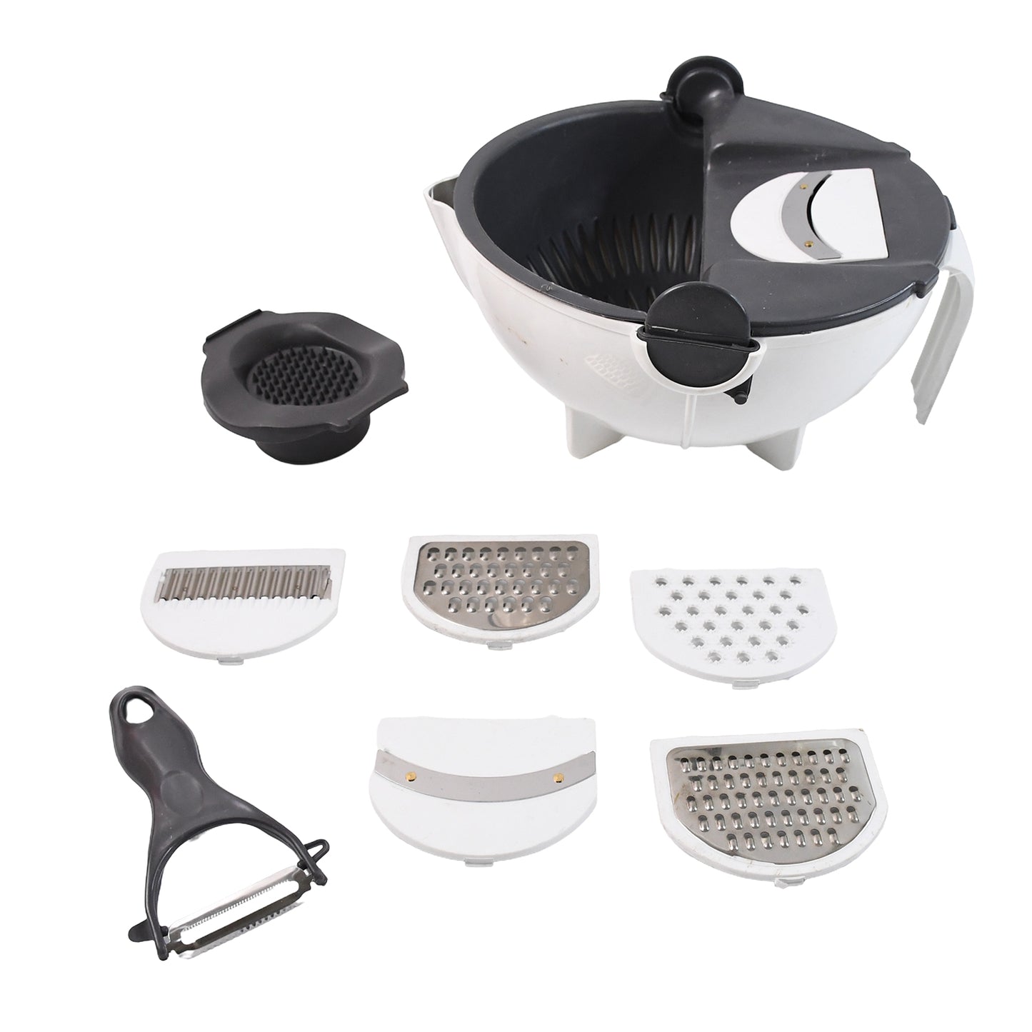 Wukusy 9-in-1 multifunctional vegetable chopper with stainless steel blades and multiple attachments for kitchen prep.