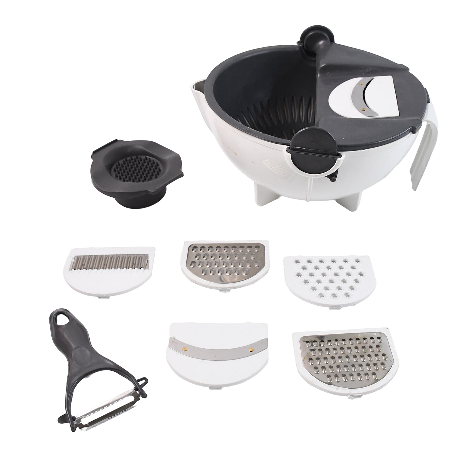 Wukusy 9-in-1 multifunctional vegetable chopper with stainless steel blades and multiple attachments for kitchen prep.