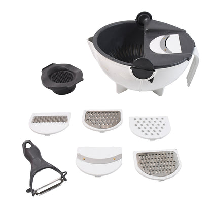 Wukusy 9-in-1 multifunctional vegetable chopper with stainless steel blades and multiple attachments for kitchen prep.