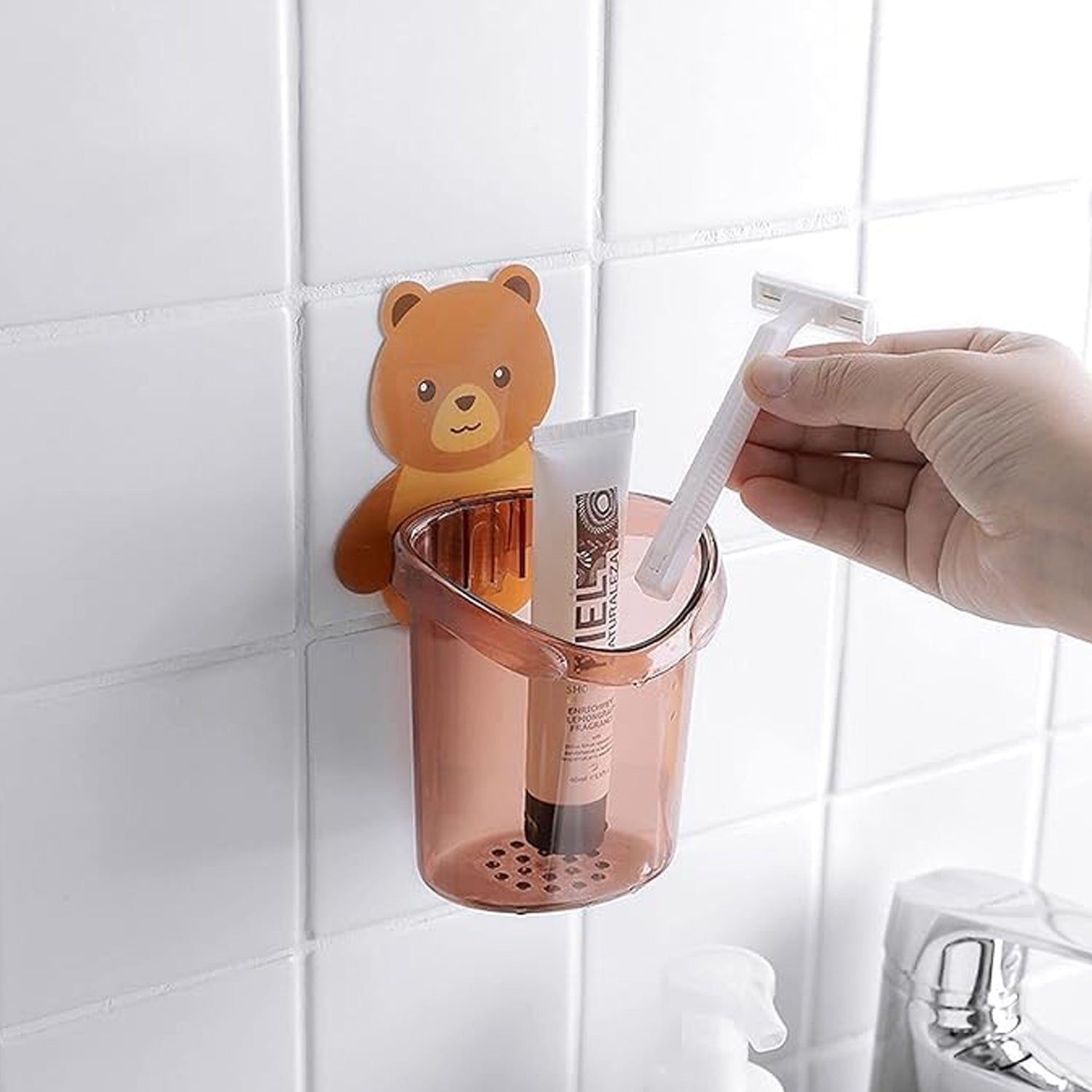 Set of three Wukusy cute teddy bear toothbrush holders for kids, featuring soft plush design and playful character details.