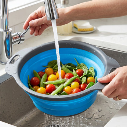 Wukusy silicone collapsible kitchen strainer with space-saving design and easy-drain features, shown in a compact, folded position.