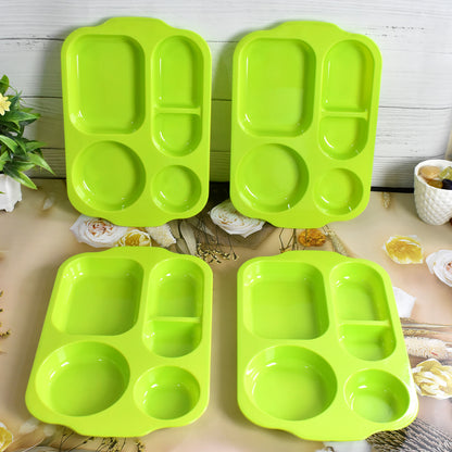 Wukusy 5363 unbreakable plastic food plates with five compartments, biodegradable square design for serving meals.
