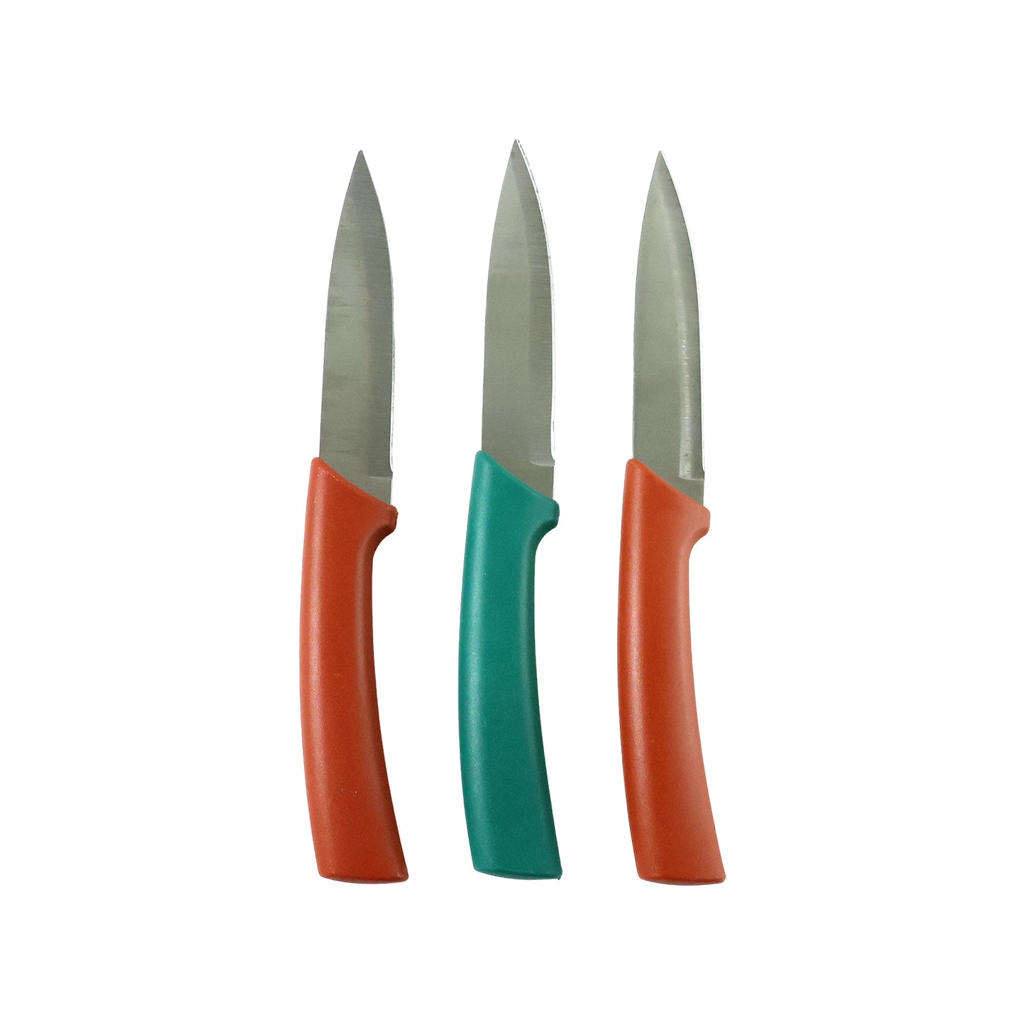 Wukusy multipurpose kitchen fruit and vegetable cutting knife set with three stainless steel knives on a wooden cutting board