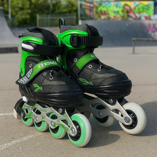 Wukusy professional adjustable inline skates for kids and adults, featuring sturdy construction and adjustable sizing for active sports.