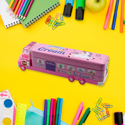 Wukusy double-decker magic ice cream truck compass pencil case with movable wheels and built-in sharpener, multi-level metal design.