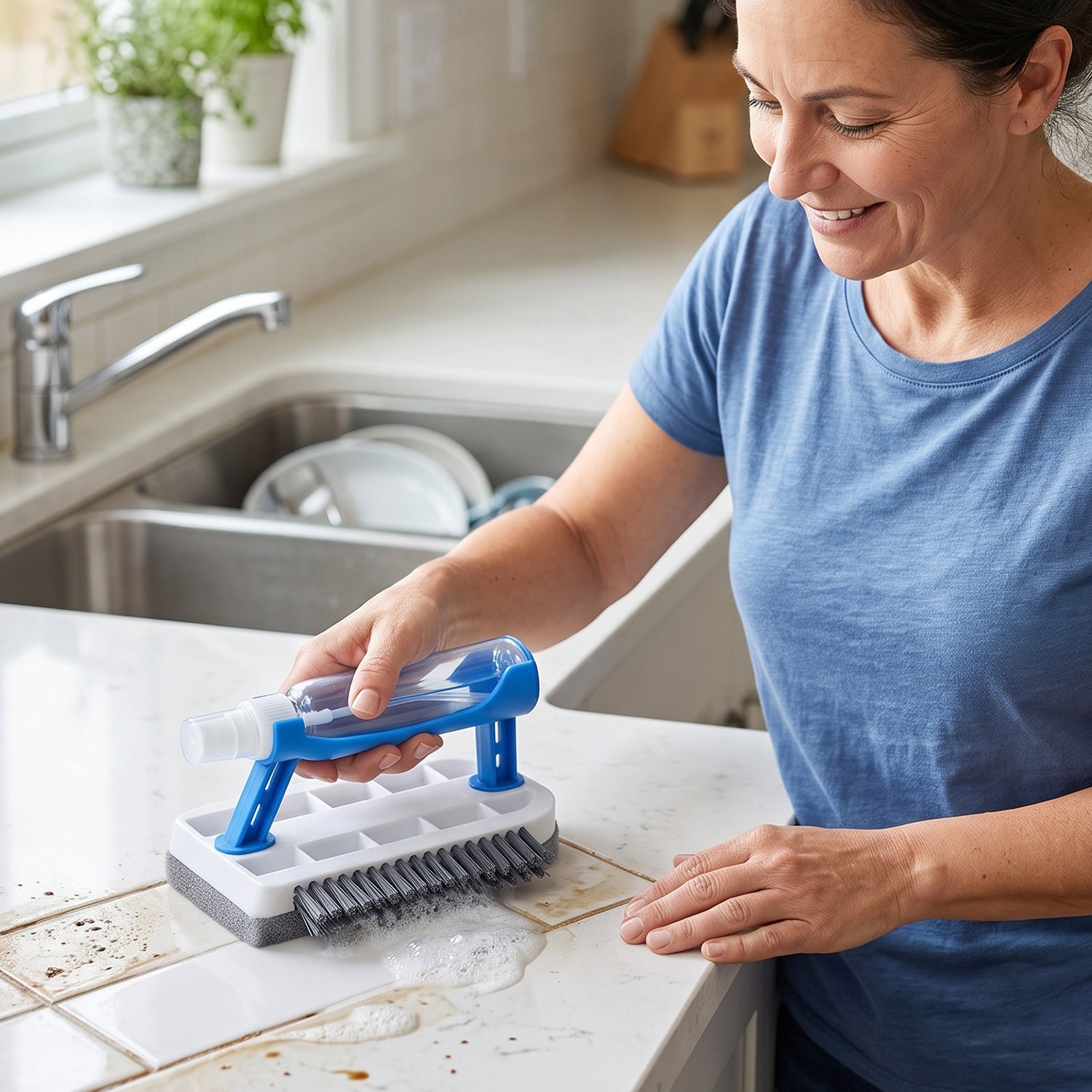 Wukusy 3-in-1 multi-purpose cleaning brush with soap dispenser, sponge, and scrubber for kitchen and household cleaning tasks.