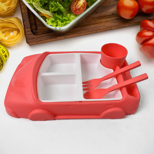 Kids car-shaped plates, cup, lunch box, and dinnerware set by Wukusy, including a 1000 ml lunch box, for children's mealtime.
