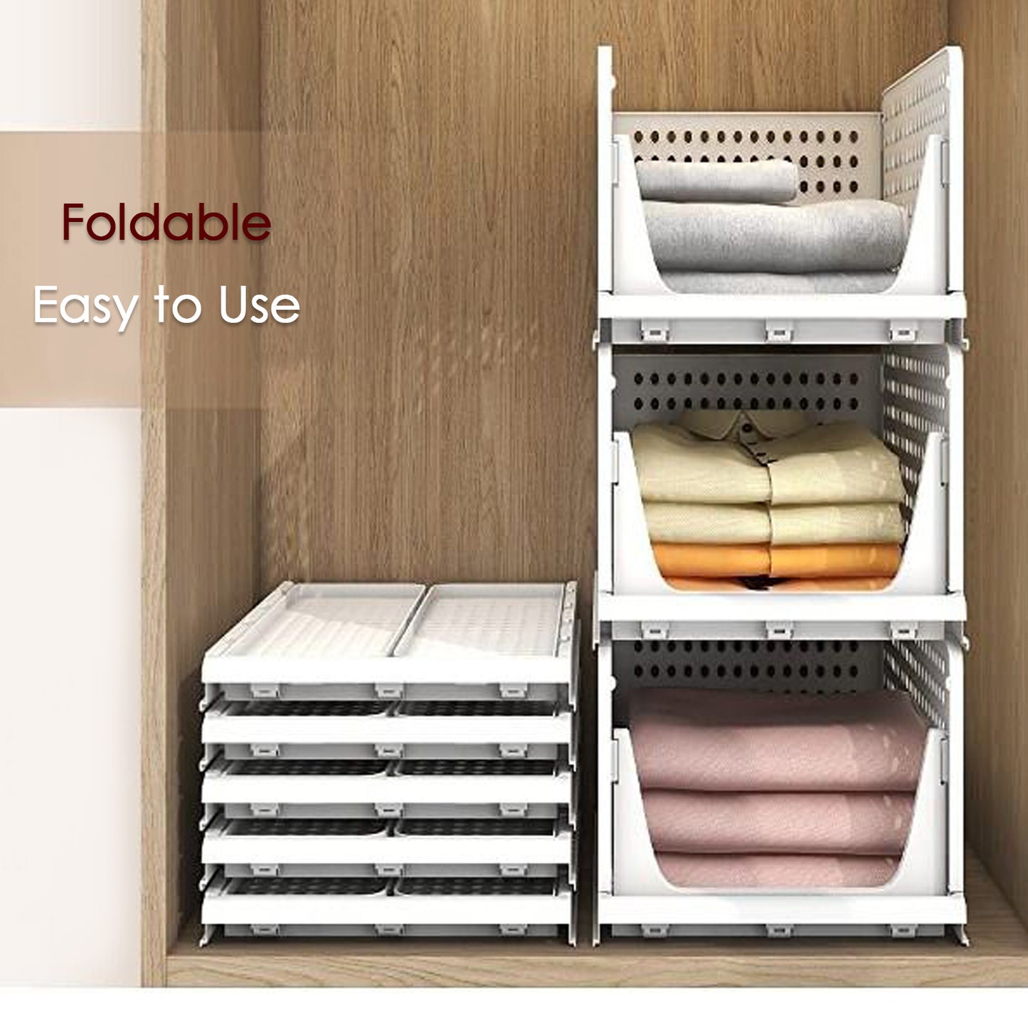 Wukusy 7732 3-layer plastic clothes organizer with foldable design, stackable wardrobe drawer for clothing storage and organization.