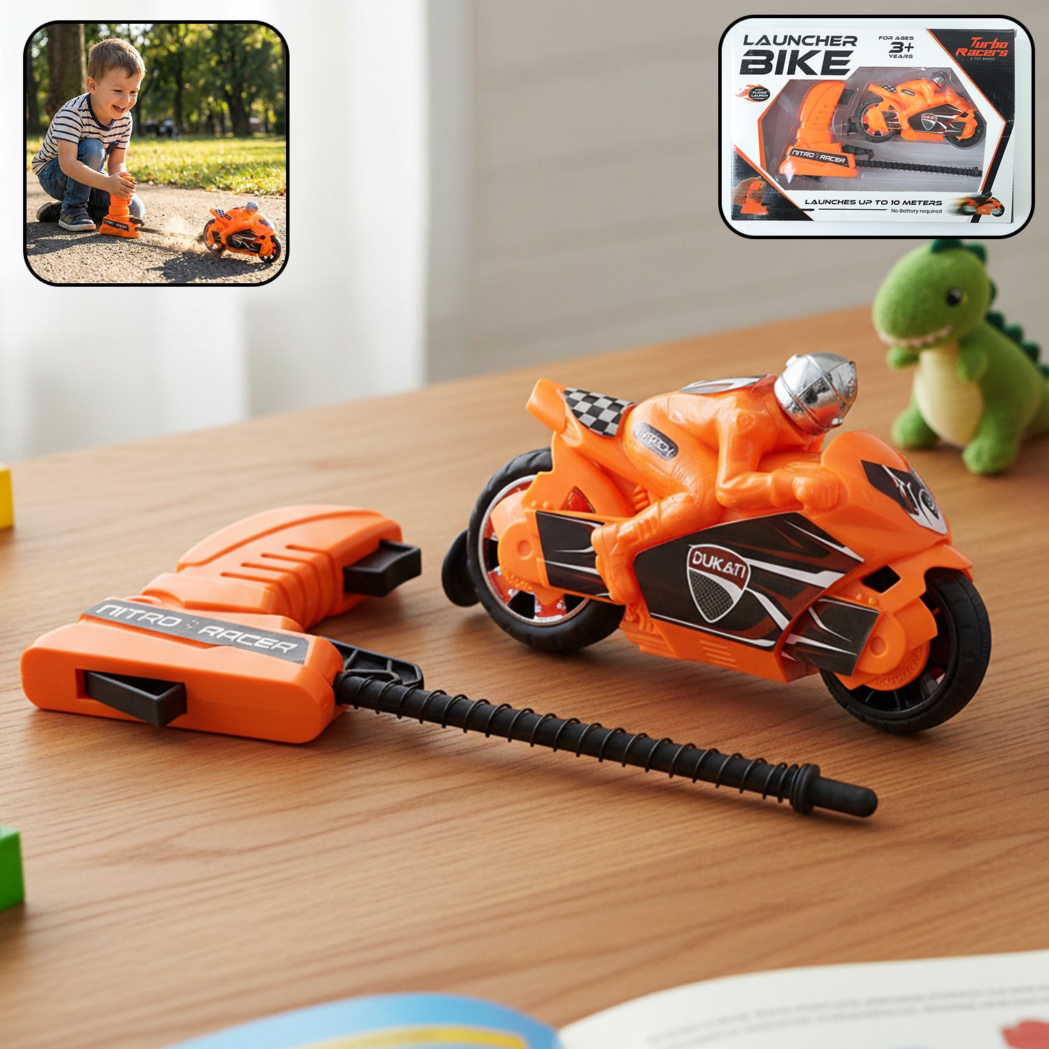 Wukusy launcher bike racing toy for kids with manual pull launcher, featuring colorful design and small bike model for play.