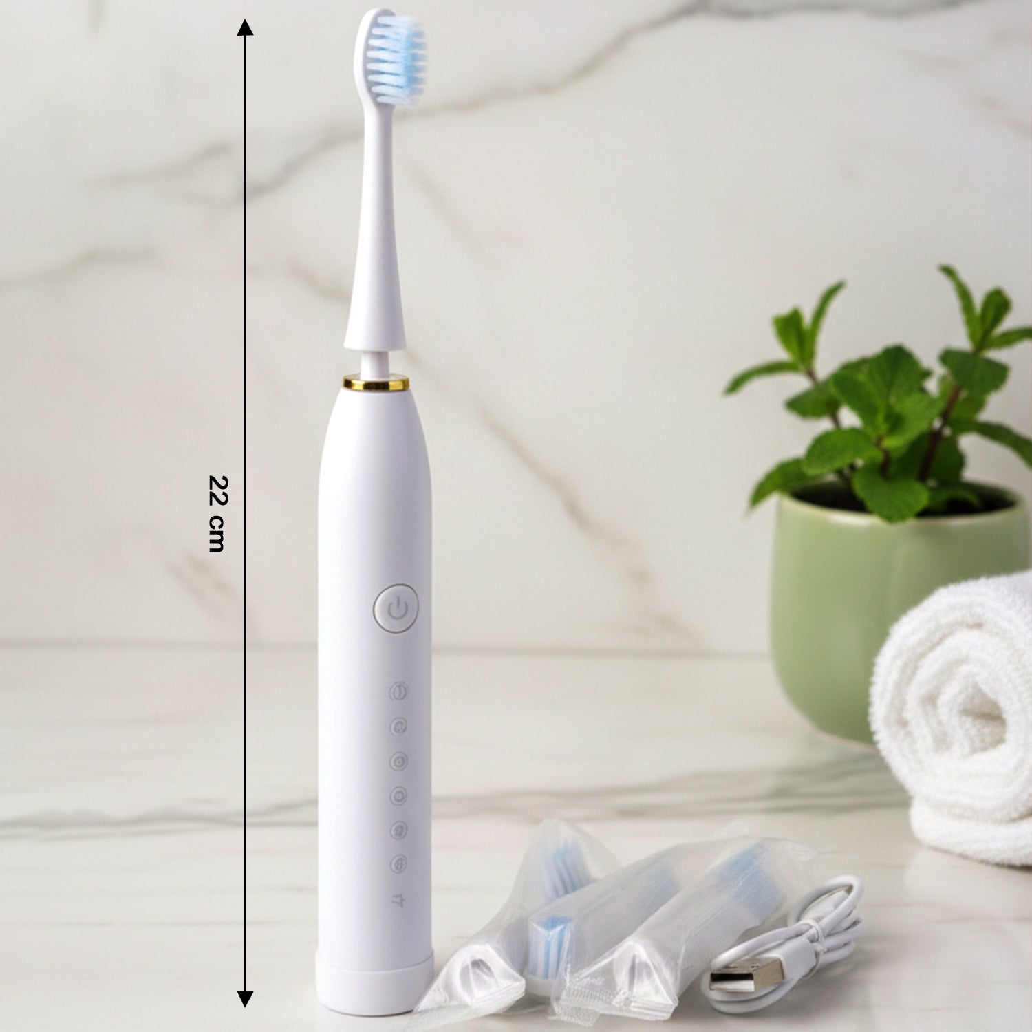 Wukusy rechargeable electric toothbrush in white with three extra brush heads, showing the toothbrush and replacement heads.
