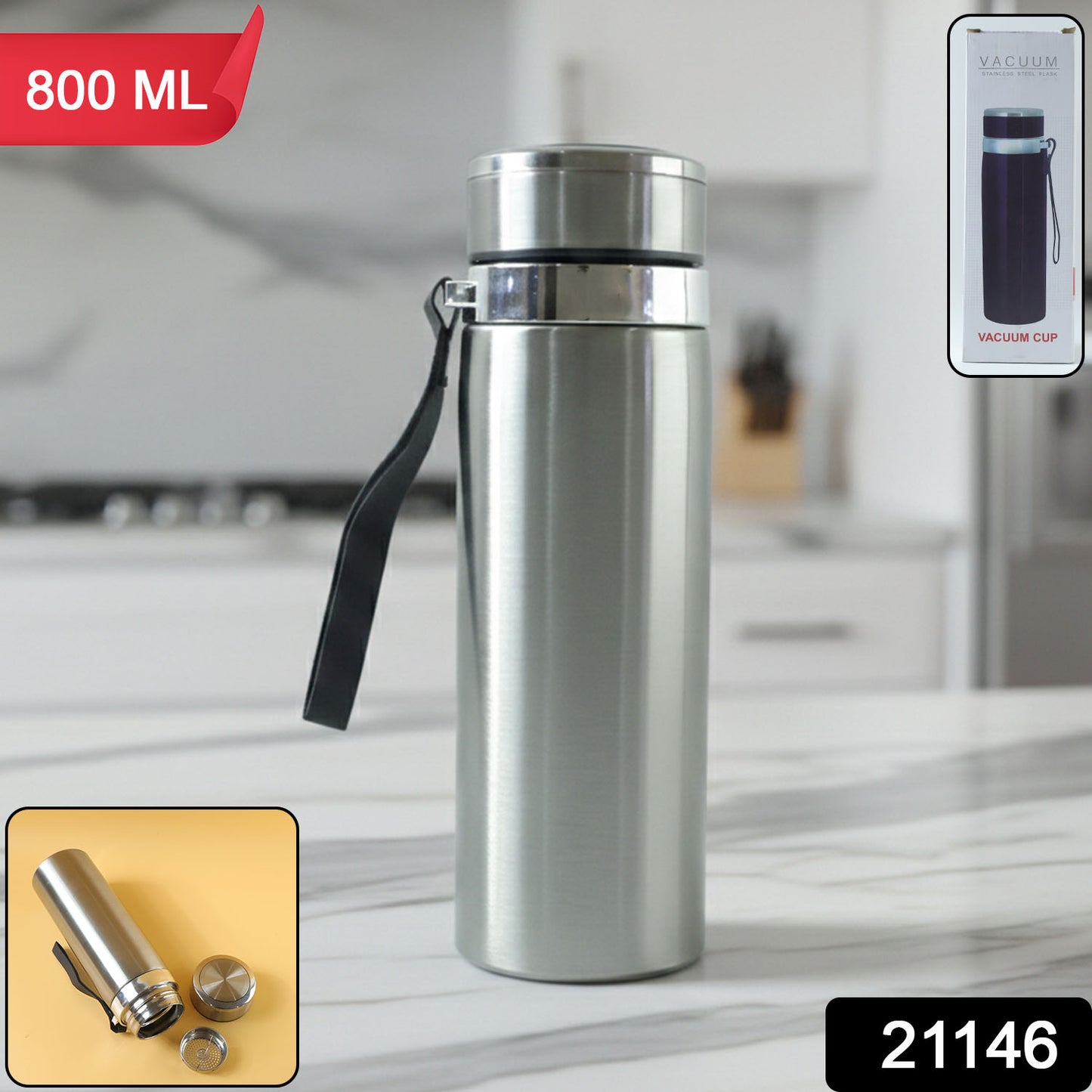 Wukusy stainless steel vacuum insulated flask bottle with leakproof lid, 800ml capacity, standing upright on a white background.
