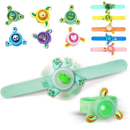 Colorful LED spinning slap bracelet for kids, featuring cartoon design, made by Wukusy, fun toy wrist band with light-up features.