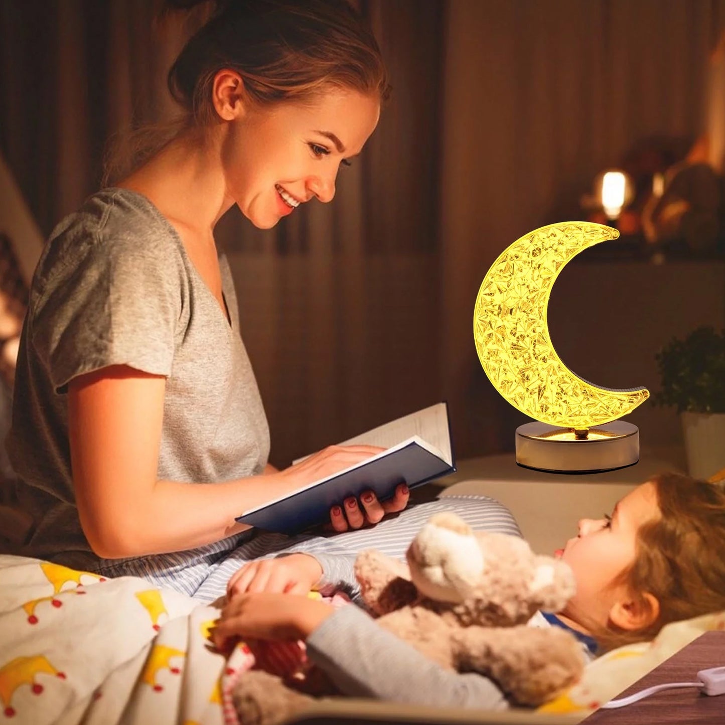 Wukusy 12570 Crystal Moon Shape Touch Control Table Lamp with 3 colors, stepless dimming, metal base, bedside night light for kids bedroom