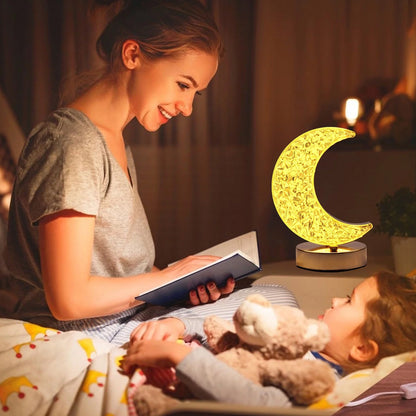 Wukusy 12570 Crystal Moon Shape Touch Control Table Lamp with 3 colors, stepless dimming, metal base, bedside night light for kids bedroom