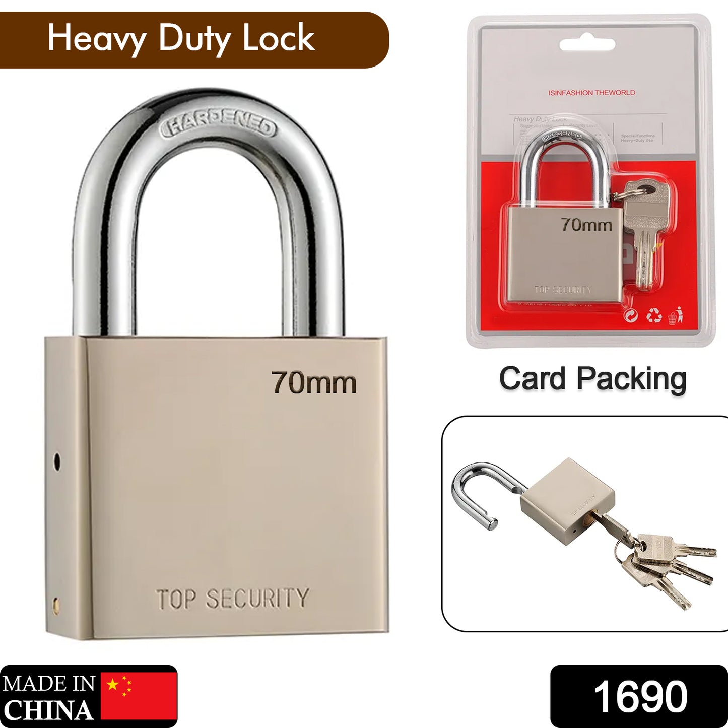 Wukusy 1690 Heavy Steel Square Padlock with 70mm hardened shackle, four keys, for doors, gates, shutters, and home security.