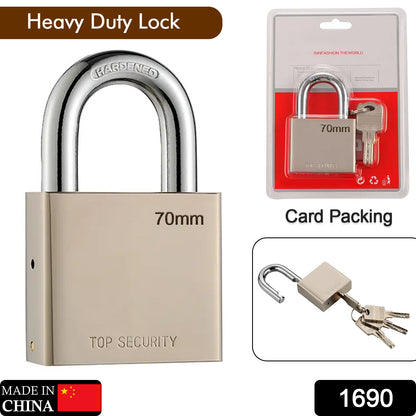 Wukusy 1690 Heavy Steel Square Padlock with 70mm hardened shackle, four keys, for doors, gates, shutters, and home security.